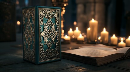 Ornate Box and Ancient Book by Candlelight