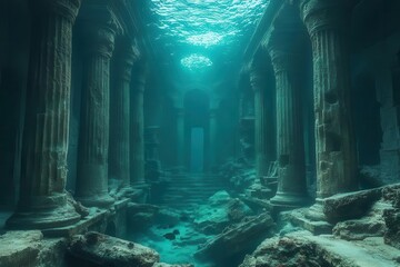 ancient underwater ruins of atlantis with bioluminescent coral growing over marble columns schools of fish swimming through forgotten archways