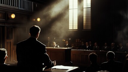 A criminal lawyer presenting evidence in a high-stakes courtroom trial