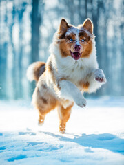  australian shepherd red merle playing in snow