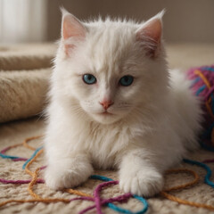 Fototapeta premium Fluffy White Kitten Serene with Colorful Yarn on a Beige Surface