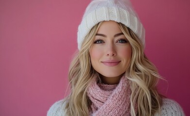 Portrait of a blonde woman in winter wear against a pink background.