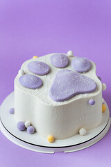 Birthday cake in the shape of trendy squish squishy paw on the purple background. Taba paw shaped cake for a child with white cream cheese frosting