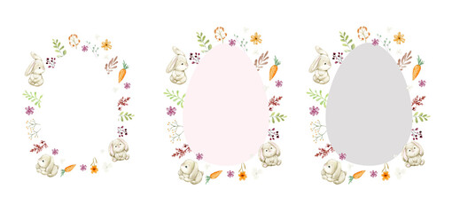 Set of Happy Easter watercolor cards with cute Easter rabbits, egg, spring flowers in pastel colors