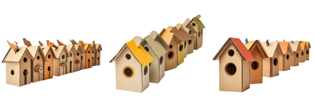 Collection of creatively designed cardboard birdhouses isolated on a transparent background