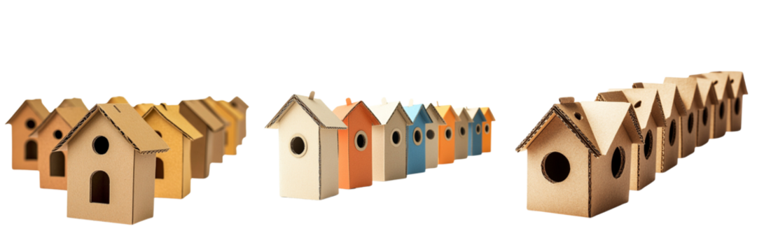 Collection of creatively designed cardboard birdhouses isolated on a transparent background - Powered by Adobe