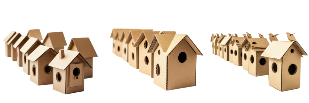 Collection of creatively designed cardboard birdhouses isolated on a transparent background - Powered by Adobe