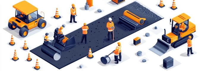 Isometric illustration of a road construction and repair scene with workers and vehicles