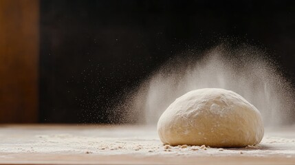 Dough ball on a wooden surface with flour dusting, captured from behind, showcasing action with flour flying in bright lighting