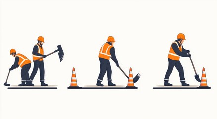 Fototapeta premium Illustration of road construction workers using tools with safety equipment