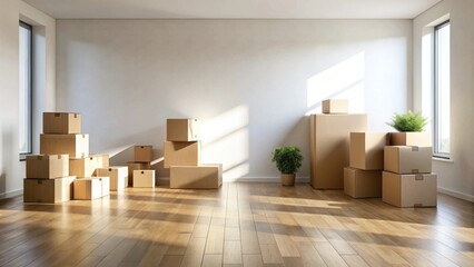 Sunlit Empty Room with Cardboard Boxes Ready for Moving
