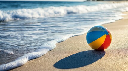 Obraz premium A colorful beach ball on a pristine shoreline with gentle waves, area for text