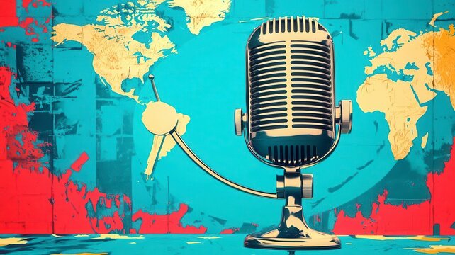 World radio day radio international concept. A vibrant illustration of a vintage microphone against a colorful world map backdrop, symbolizing global communication and broadcasting.