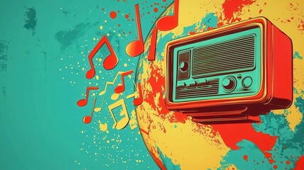 World radio day radio international concept. A vibrant illustration of a retro radio surrounded by colorful music notes and a stylized globe, symbolizing the universal language of music.