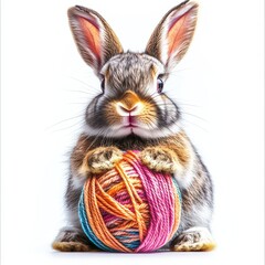 Fototapeta premium Bunny with Yarn: A fluffy brown bunny with long ears sits holding a colorful ball of yarn, its bright eyes fixed on the camera in a playful and mischievous pose.