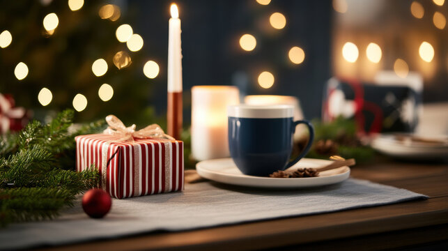 festive dining table with wrapped present, candles, and cozy cup