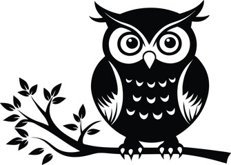 Owl with tree branch silhouete,Owl silhouette vector