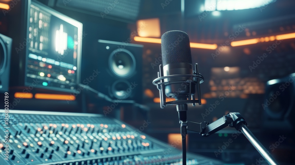 Poster Professional condenser microphone positioned for recording vocals in a modern music studio with an audio mixer, computer, and monitors, creating an optimal sound production environment