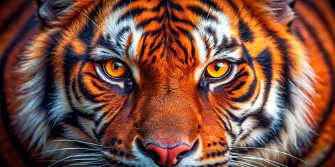 Fototapeta premium Close-up of a tiger's intense gaze, revealing intricate details of its fur and striking amber eyes.