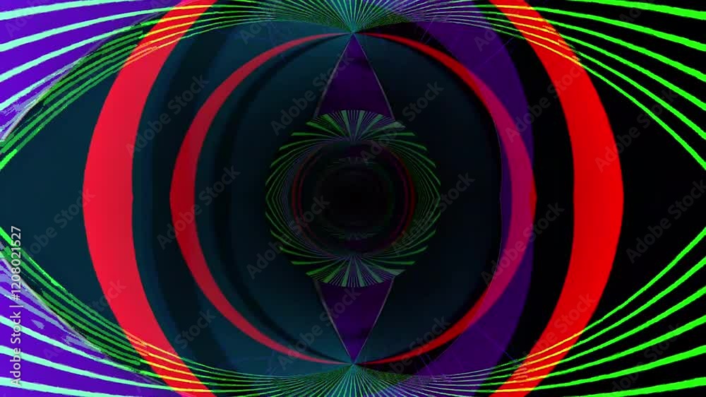 Poster vibrant geometric shapes, concentric circles and intersecting colorful lines, creating a futuristic and hypnotic aesthetic