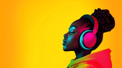 Young woman wearing over ear headphones enjoying music with closed eyes, illuminated by colorful lights on a vibrant yellow background, creating a modern and stylish atmosphere