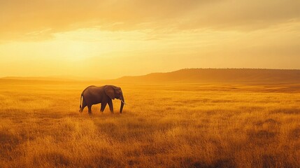 Majestic Elephant Walking Through the Golden Savannah at Sunset
