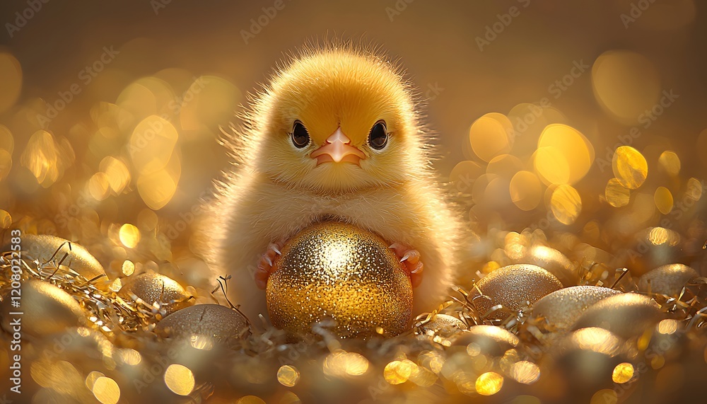 Aufkleber cute fluffy chick holding a shiny gold ball surrounded by golden eggs on a shimmering background cre
