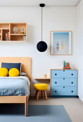 Modern cozy minimalist children's room featuring a cozy bed and comfort study Area