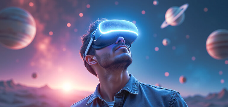 A man wearing virtual reality glasses inside the game examines the planets