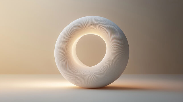 Geometric hollow torus with subtle grooves, soft matte finish, glowing light effects, abstract minimalist style, centered on a neutral gradient background, hyper-realistic 3D rendering r - Powered by Adobe