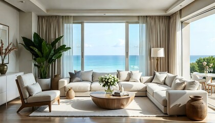 Fototapeta premium Serene coastal living room with elegant decor and soothing ocean-inspired palette