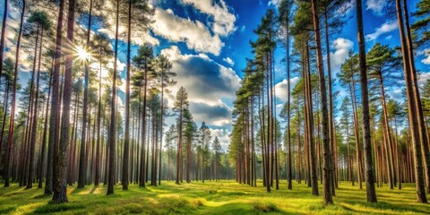 Sunlit Pine Forest Path Tall trees stand in a vibrant green meadow, bathed in the golden light of the setting sun, creating a serene and peaceful atmosphere.