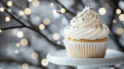 Delicate white frosted cupcake with silver sprinkles displayed on a wooden stand against a festive backdrop of lights