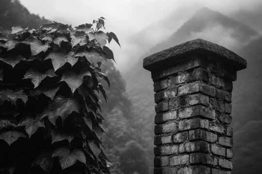 Rain-soaked ivy clings to a weathered brick chimney against a misty mountain backdrop.