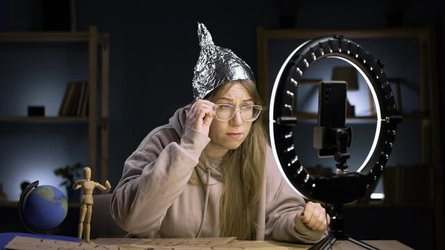Strange crazy vlogger with cellphone, paranoid woman streaming at home conspiracy theory broadcasting in vlog, offended, arms crossed over chest. blogging and conspiracy theory