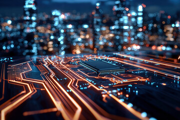 Illuminated Circuitry: A Technological Cityscape. Explore the interplay of hardware and urban innovation in this stunning digital artwork.