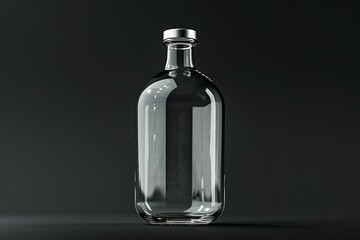 Transparent glass bottle with metal cap on a black background. Minimalistic product packaging design concept.