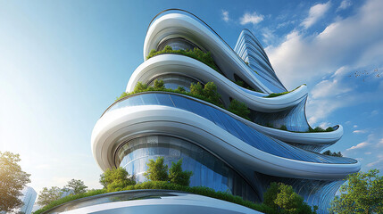 Low angle view of a futuristic high rise modern office building ai generated