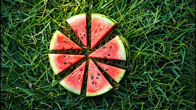 Sliced watermelon arranged in a circular pattern on green grass in a sunny outdoor setting during summer