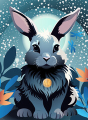 Cute rabbit with orange flowers under the moon on the blue background