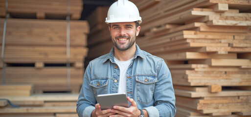 storekeeper in helmet with tablet at lumber warehouse
