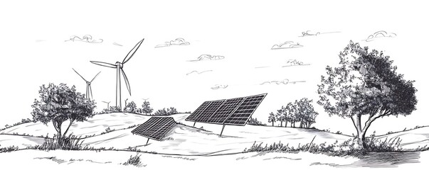 Fototapeta premium Hand-drawn black and white Wind Turbines in a Field Sketch sketch of solar panels and wind turbines against a backdrop of trees and a rolling hill, symbolizing renewable energy sources.