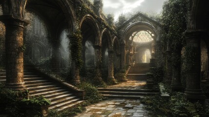 Fototapeta premium Overgrown Ruins Ancient Stone Staircase and Archways