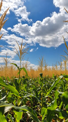 Obraz premium Golden Stretch of Maize: A Majestic Late Summer Cornfield Reaching Towards the Horizon Under a Bright Blue Sky
