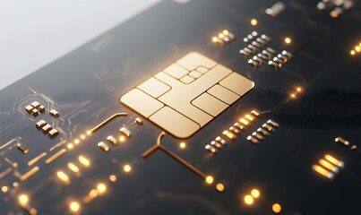 Secure chip card circuit board close-up, glowing, technology background, payment