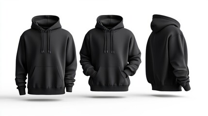 Black Hoodie Mockup.  Three-quarter and side views of a classic black hoodie, showcasing its clean design and comfortable fit. Perfect for apparel design presentations or online stores. 