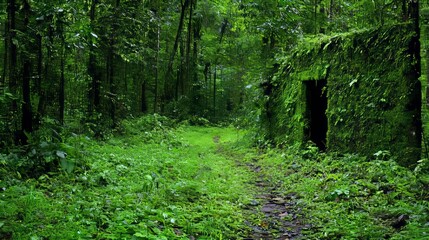 Overgrown Stone Structure in Lush Green Rainforest Path