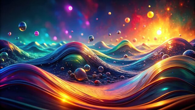 Abstract iridescent waves with floating orbs and a vibrant sunset