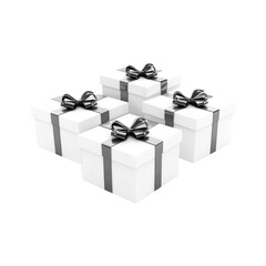 Four elegant white gift boxes with black ribbons,