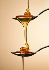 A natural and minimalist close-up of two metallic spoons aligned vertically, with golden honey dripping smoothly from the top spoon to the bottom. The set against a neutral light background.